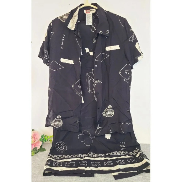 Vtg‎ Simon Chang Set Of Long Skirt And Button Up Top Black & White Casino Print - Picture 2 of 5